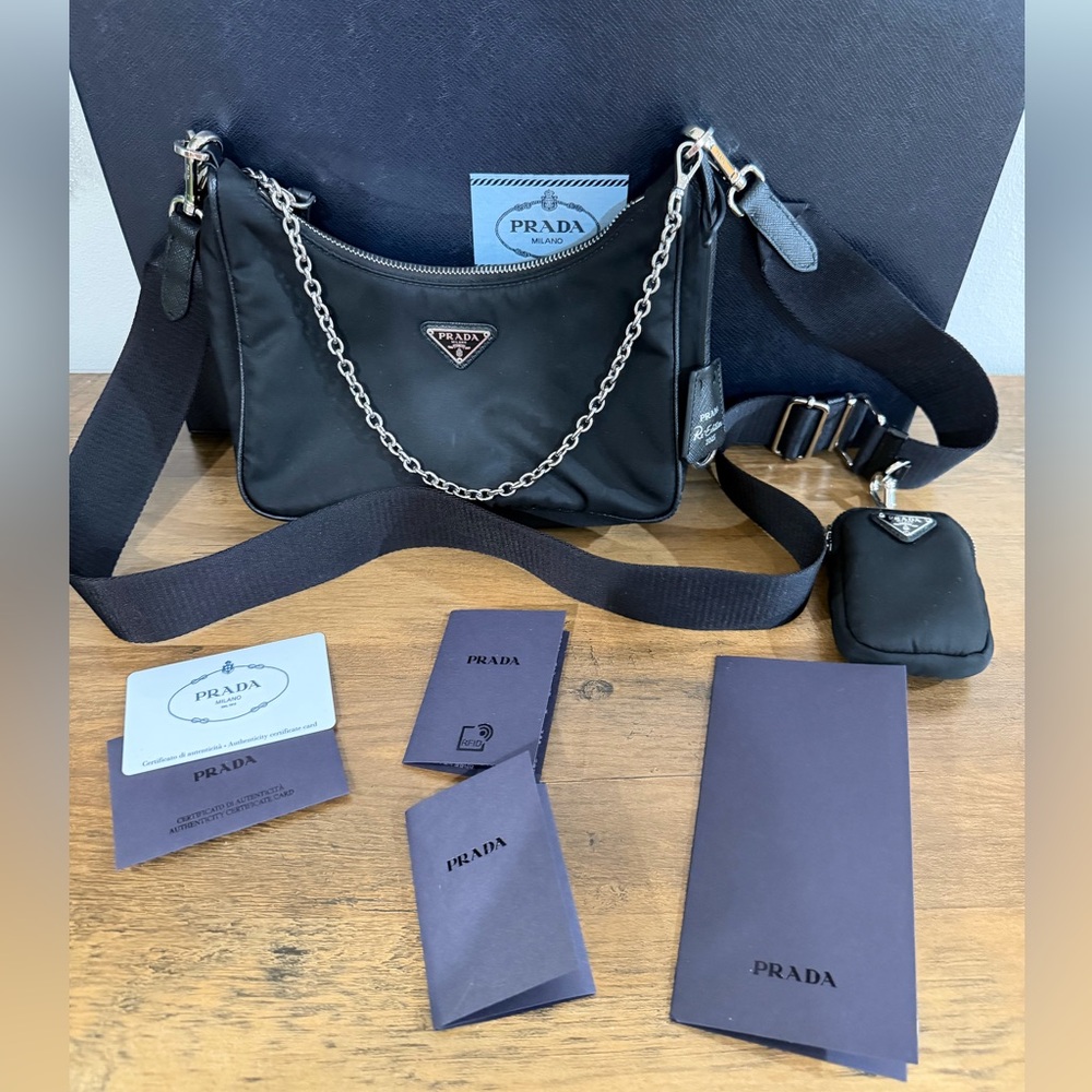 Authentic Prada Black Nylon Chain Shoulder Bag Re Edition 2005